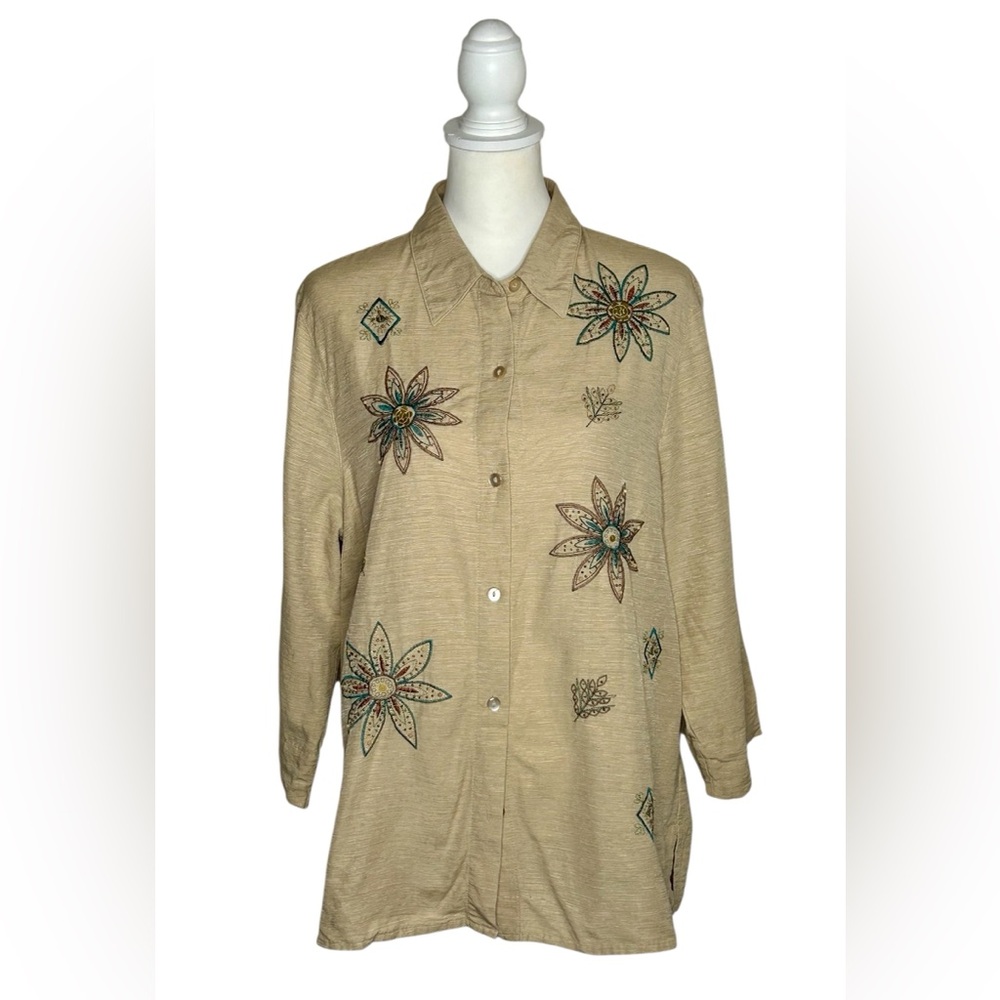 Alfred Dunner Cano San Lucas Beige 100% Silk floral embroidered EUC Sz 16 boho